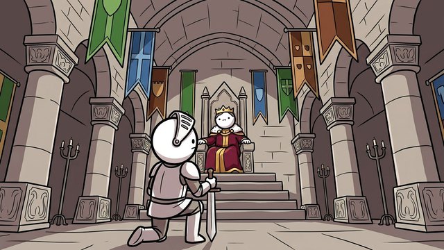 2D Cartoon style: a knight kneeling before a king