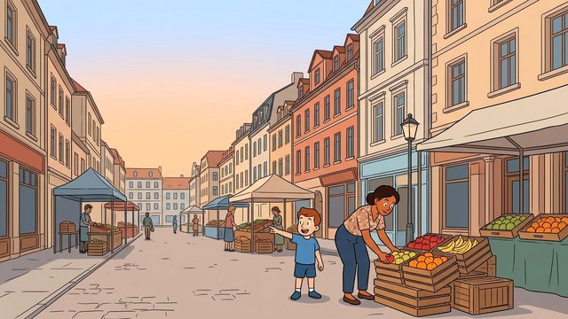 2D Finance Cartoon style: a street market