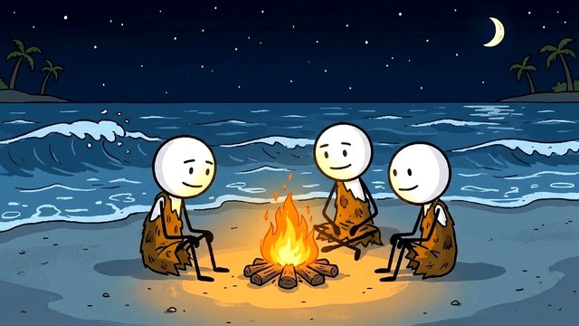 Stickman style: friends around a beach campfire
